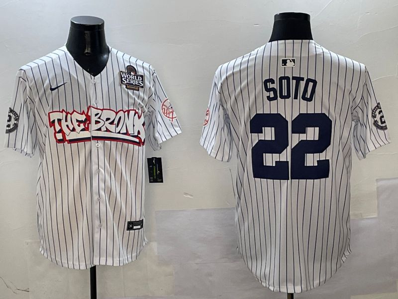 Men New York Yankees #22 Soto White Stripe four generations Joint Name 2025 Nike MLB Jersey style 3